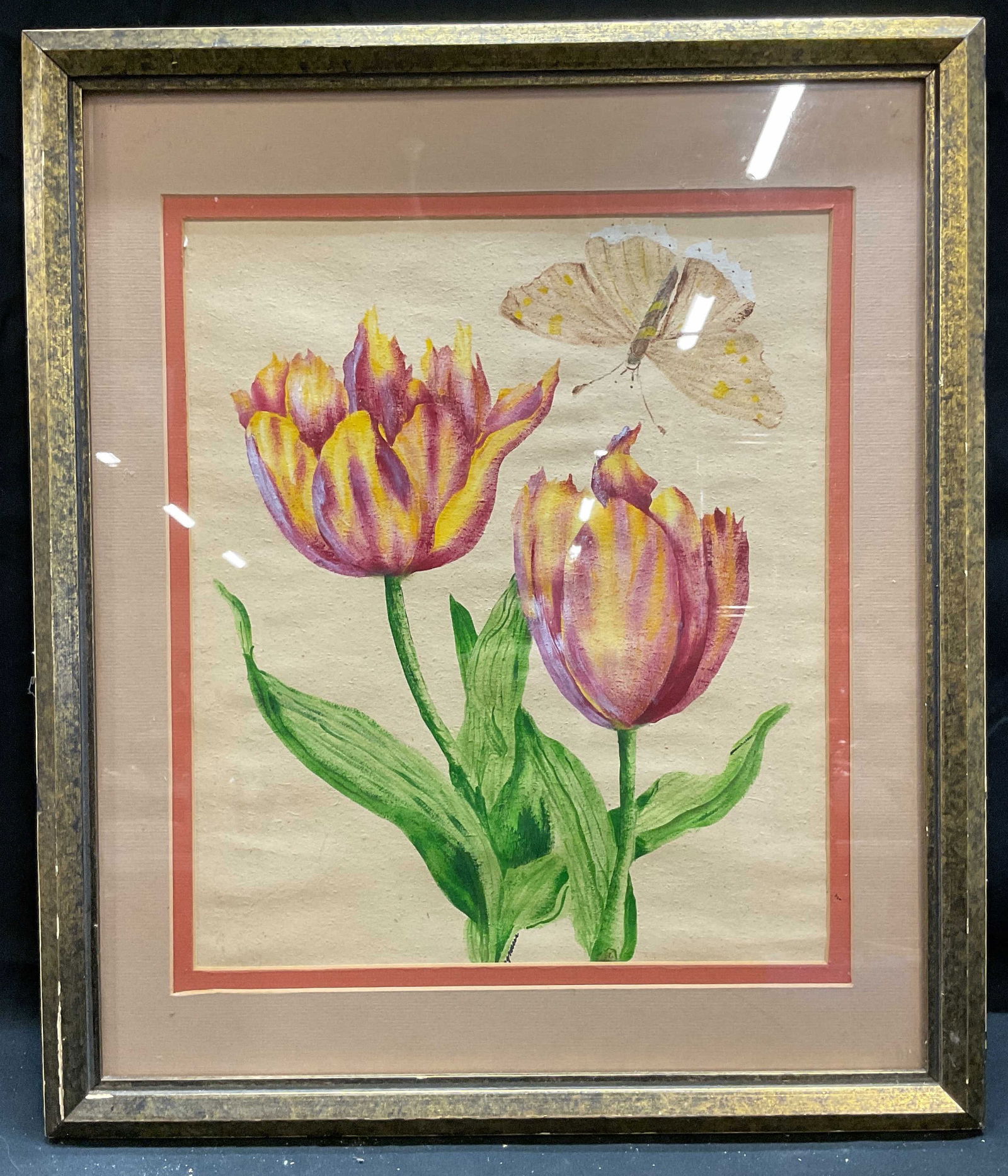 Signed Tulips & Butterfly Watercolor Painting (1 of 6)