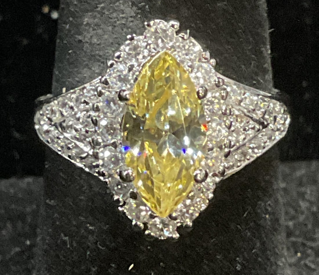 Silver Tone Yellow Crystal Cocktail Ring (1 of 6)