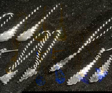 Group Lot Sterling Silver Lapis Earrings +: Group lot of earrings. Sterling silver drop motif earrings, 2 pairs of sterling silver and lapis earrings, and single sterling silver and clear semiprecious stone earring. Largest measures approx 2.25