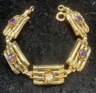 Vintage Signed HI Gold Filled Crystal Bracelet: Vintage signed HI gold filled panel chain bracelet with multicolor crystals. Measures approx 7 inches long. Some wear including scratching observed. Jewelry, estate jewelry, fashion jewelry, cocktail