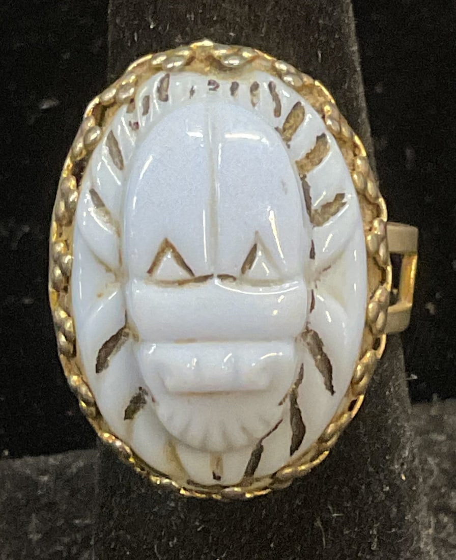 Vintage Silver Tone Carved Stone Scarab Ring (1 of 6)