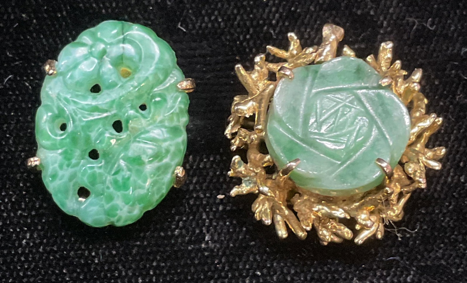 Lot 2 Gold Tone Jade Flower, Marvella Pendant: Lot of 2 pendants. Gold tone carved jade flower clasp/pendant and signed Marvella gold tone faux jade flower pendant. Jade pendant measures approx .75 inches wide. Some wear including scratching obser