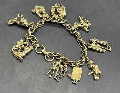 CORO Vintage Gold Tone Metal Charm Bracelet: CORO Vintage Gold Tone Metal Charm Bracelet. Clasp reads CORO. Figural charms to the piece. Length measured end to end approx. 7 inches. Surface wear consistent with age, use, and exposure. Vintage je