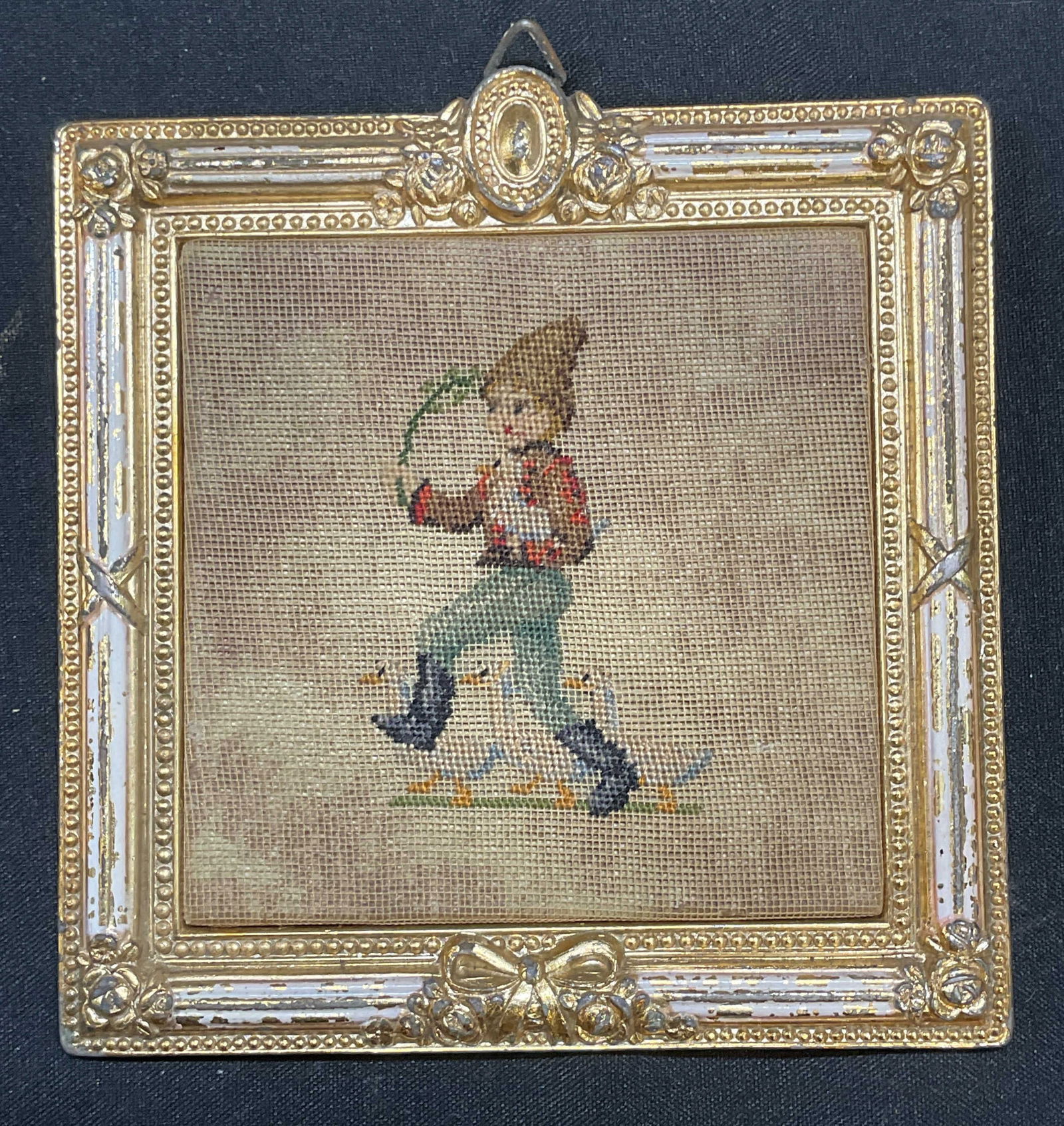 Vtg Framed Needlepoint Boy & Ducks (1 of 6)