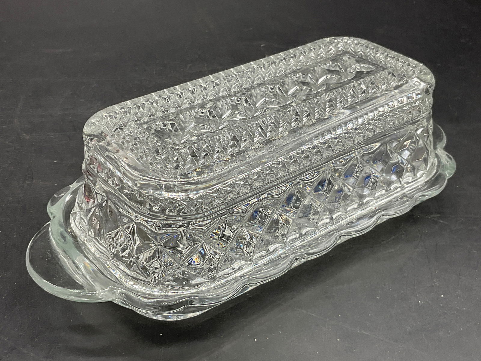 Vintage Cut Glass Butter Dish, Lidded: Vintage Cut Glass Covered Butter Dish. Clear glass. Measures approx. 2.5H x 8W in. Chipping and surface wear present. home decor, home accents, homewares, housewares, home accessories, collectibles, D