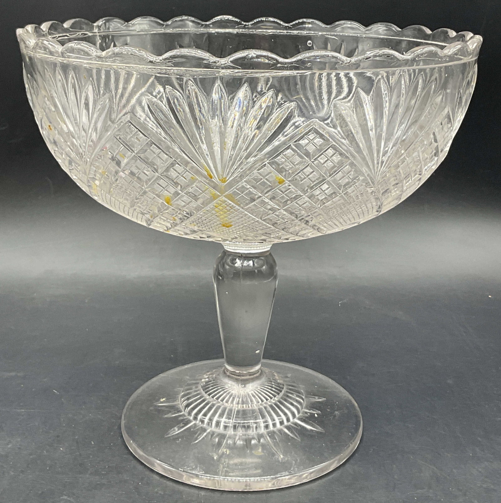 Vintage Cut Glass Pedestal Bowl Compote: Vintage Cut Glass Pedestal Bowl Compote. Clear glass. Scalloped rim. Measures approx. 8.25H x 8.5W in. Seam present. Chipping, cracking, residue, and surface wear present. home decor, home accents, ho
