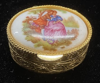 Vintage Gold Tone Porcelain Couple Trinket Box