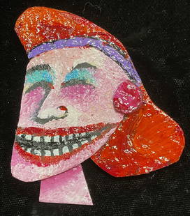 Vtg Sgn Wiese Blanche Woman Brooch, 3 In: Vintage signed handmade brooch. Head of a woman. Signed on underside, partially legible, Wiese. Hand painted in pink, red, and blue. Titled Blanche. Measures approx 3 x 3 inches. Includes box. Some we