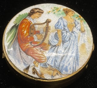 Vtg Schildkraut Gold Tn Enamel Couple Trinket Box