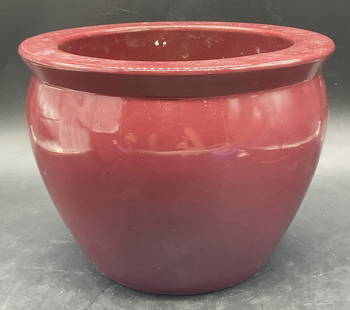 MID ATLANTIC POTTERY Handmade Burgundy Planter: MID ATLANTIC POTTERY Handmade Burgundy Planter. Sticker to the underside reads HANDCRAFTED FOR MID ATLANTIC POTTERY. Measures approx.8.5W x 6.25H in. Thick walled and weighty. Discoloration, residue,