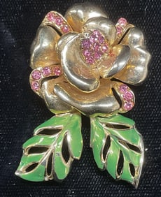 Vtg Signed Gold Tn Enamel Crystal Flower Brooch