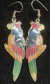 Vtg Gold Tn Cloisonne Enamel Bird Earrings