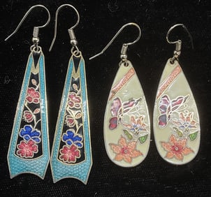 Lot 2 Vtg Cloisonne Enamel Floral Earrings