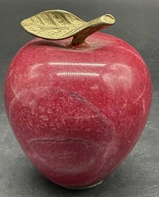 Vintage Red Stone Apple W/ Brass Stem Paperweight