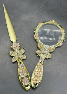 Vintage Butterfly Magnifying Glass & Letter Opener: Vintage Enameled Butterfly Motif Magnifying Glass & Letter Opener. Crafted from metal and decorated with enamelwork and faceted crystals. Letter opener measures approx. 8.25L x 1.5W in. Chipping, disc