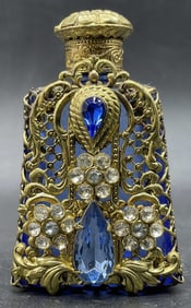 Vtg Bejeweled Cobalt Blue Art Glass Perfume Bottle