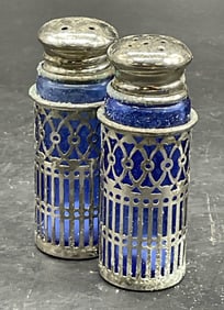 Pr Vtg Cobalt Blue Glass & Metal Shakers Japan