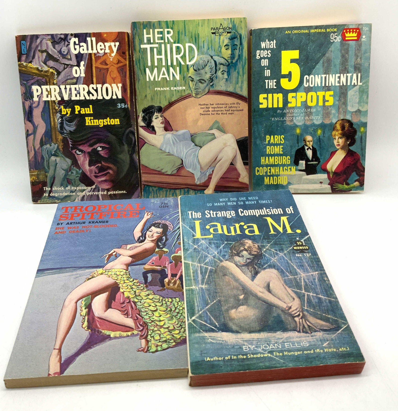 Lot 5 Vntg Pulp Fiction Erotica Books 1960s EAGER+: Lot 5 Vntg Pulp Fiction Erotica Books 1960s EAGER+ 5 erotica books, Gallery of Perversion by Paul Kingston, What goes on in the 5 Continental Singles Sports by Antony James, The Strange Compulsion of 