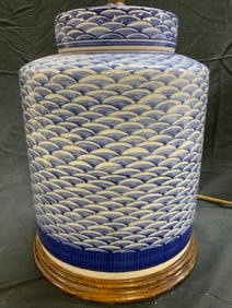 Vintage Asian Porcelain Lamp W Wooden Base