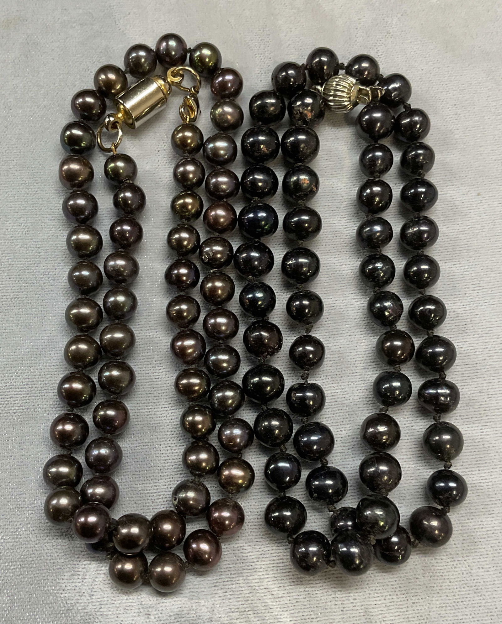 Lot 2 Vtg Costume Tahitian Pearl Necklaces: Lot of 2 vintage faux pearl beaded necklace. Costume Tahitian pearls. Drop length approx 8.5 inches each. Some wear to each including scratching observed. Jewelry, estate jewelry, costume jewelry, coc