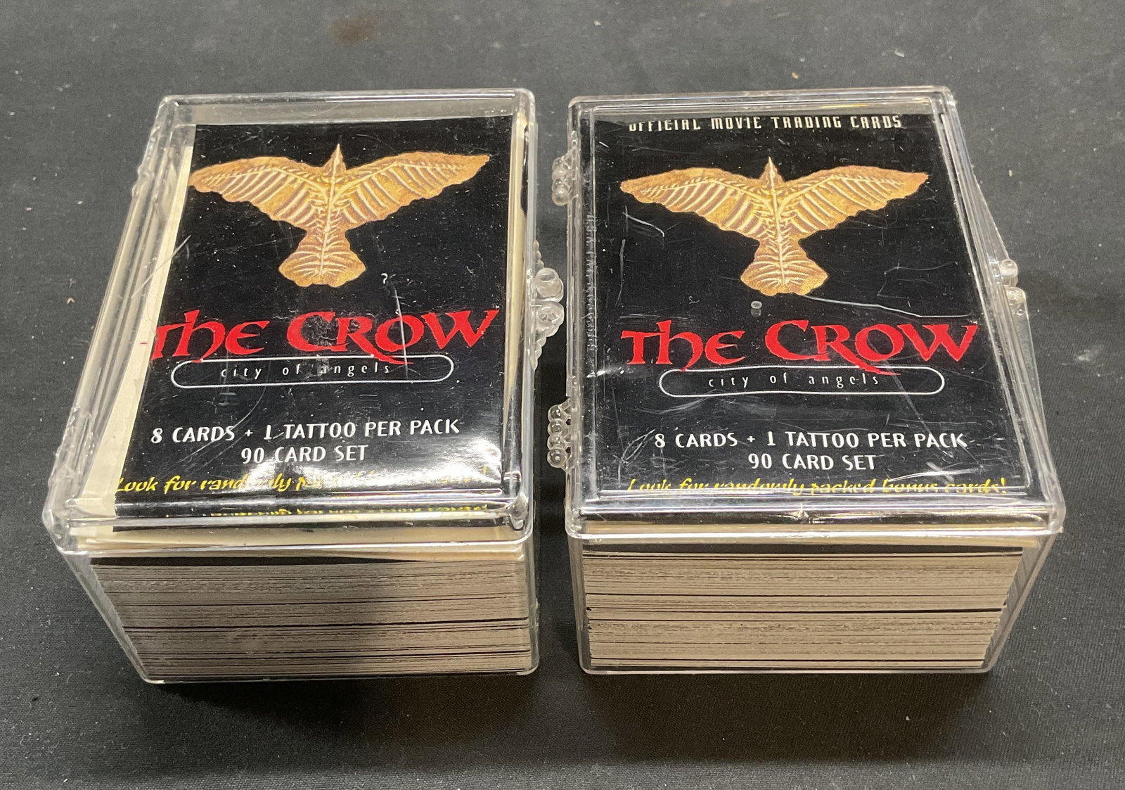 Group Lot 100+ Vtg The Crow Trading Cards: Group lot of 100+ pieces of The Crow vintage trading cards and tattoos. Cards measure approx 3.5 x 2.5 inches. Not examined individually or for set completion. All pieces hay have wear consistent with