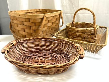 Lot 4 Assorted Woven Wicker & Wood Baskets