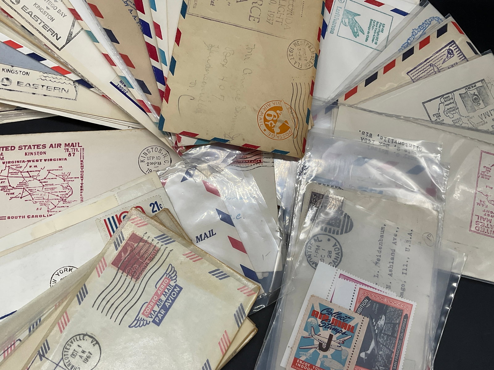 30+ Vintage 1st Flight & Airplane Motif Stamps +: Group lot of Vintage 1st Flight & Airplane Motif Stamps, Envelopes, and Ephemera. Fort Pierce Florida 1937 stamped envelope measures approx. 6.75W x 3.75L in. The dates to the pieces vary, some are 19