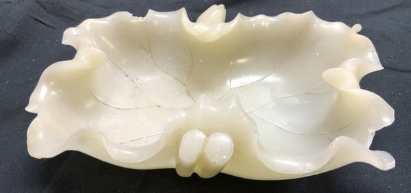 Vtg Asian Carved Soapstone Leaf Form Trinket Dish