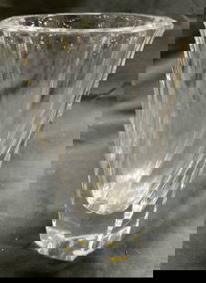 ORREFORS Scalloped Art Glass Crystal Vase Vessel: Underside is signed ORREFORS. Vase is cut crystal. Piece octagonal form rim. Vase is scalloped. Piece measures approx 6 inches tall 3.75 inches wide. Vase, scalloped vase, ORREFORS vase, crystal vase,