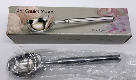 Wm. A. Rogers Chrome Plated Ice Cream Scooper NIB: Wm. A. Rogers Oneida Chrome Plated Ice Cream Scooper NIB Vntg ice cream scooper, scooper is chrome-plated & is BRAND NEW IN BOX. Signed & marked. Surface wear consistent to age, use & exposure. Measur
