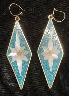 Vtg Silver Tn Mother of Pearl Stone Earrings, Mex: Vintage silver tone earrings with inlaid blue stone and mother of pearl. Made in Mexico. Measures approx 2 x .75 inches. Some wear including scratching observed. Inventory from Manhattan Jewelry store