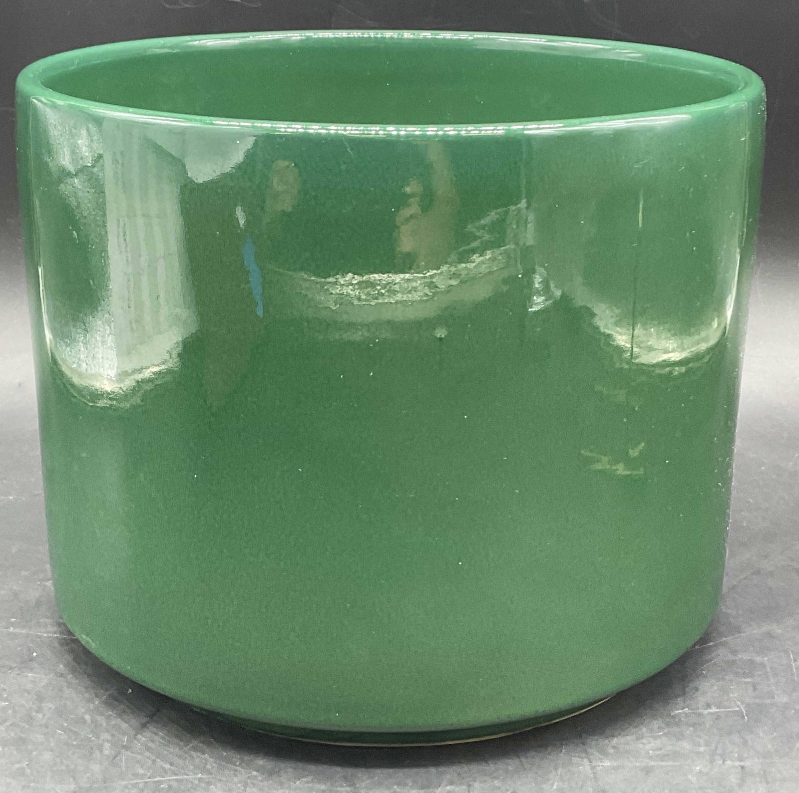 Vintage Green Pottery Vase / Planter: Vintage Green Pottery Vase / Planter / Vessel. Deep green hue. Thick walled and weighty. Measures approx. 6.25H x 8W in. Surface wear consistent with age, use, and exposure. Pitting present. home deco