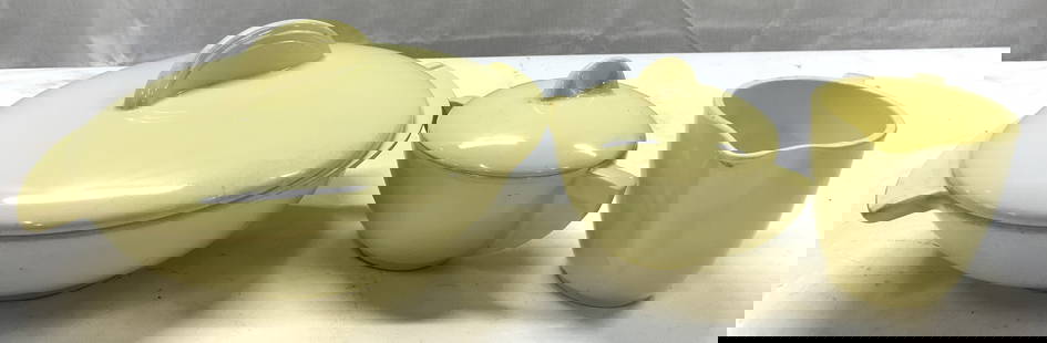 BOONTON Yellow Creamer & Sugar Bowl W Serving Dish: BOONTON Yellow Creamer & Sugar Bowl W Serving Dish 1 creamer, 1 sugar bowl & serving dish w lid. All pieces are yellow. Underside reads BOONTON. Made in NJ, USA. Signed & marked. Surface wear consiste