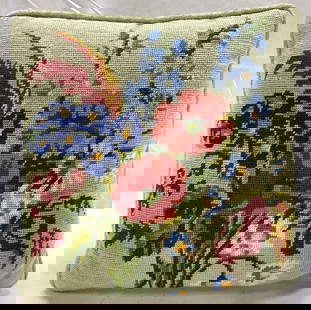 Green Floral Embroidered Throw Pillow: Green Floral Embroidered Throw Pillow Embroidered throw pillow, pillow has a floral pattern with pink, blue, red & more colors. Surface wear consistent to age, use & exposure. Measurements: length 13i