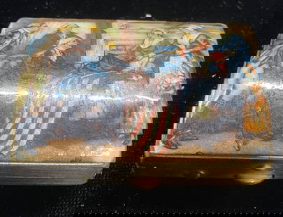 Vtg Schildkraut Enamel Americana Trinket Box: Vintage Schildkraut gold tone enamel trinket box. Americana motif. Betsy Ross American Flag scene. Measures approx 1.75 x 1.25 x .5 inches. Some wear consistent with exposure. Inventory from Manhattan