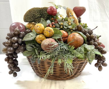 Vtg Fruit Arrangement Centerpiece In Wicker Basket: Centerpiece has faux fruit arrangement with grape bunch, strawberry, banana, leaf & other fruit detail. Piece has light brown toned woven wicker basket. Measures approximately 13.5 inches wide 10.75 i