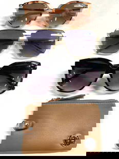 Lot 4 Assorted Sunglasses & Coin Pouch: Lot includes 1 beige tone leather coin pouch (GIANNI BINI), 1 pair of JONES NEW YORK sunglasses with black frames, 1 pair of sunglasses with gold toned metal frames, & 1 pair of JONES NEW YORK sunglas