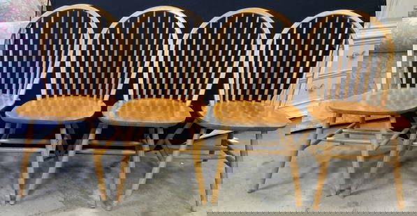 Set 4 Vintage Wooden Spindle Back Side Chairs: Lot includes 4 chairs. Each are tan toned and wooden. Chairs each have spindle backrests. Chair legs have stretchers in between. Each measures approximately 35 inches tall 18 inches wide 20 inches dee