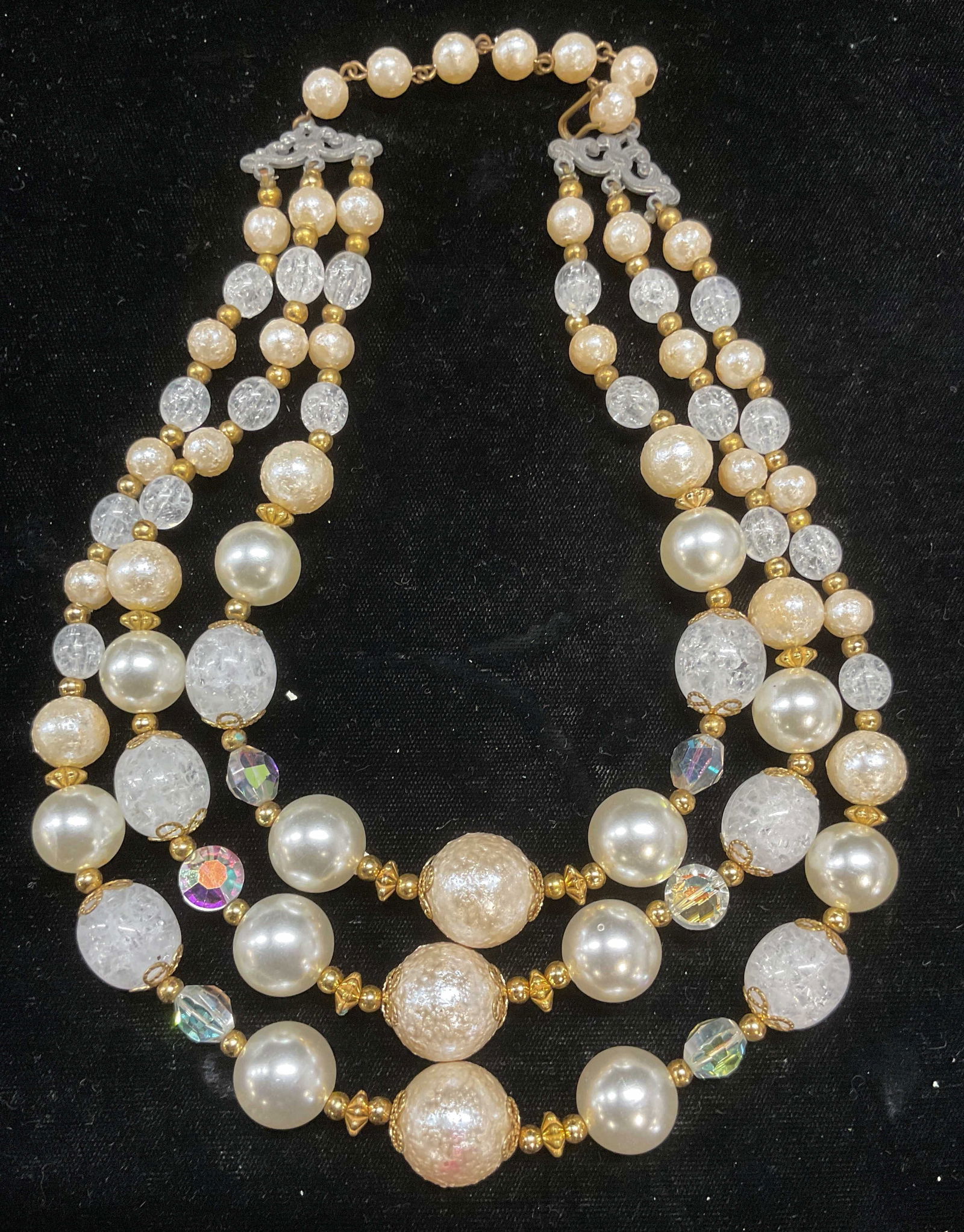 Vintage Faux Pearl & Crystal Beaded Necklace: Vintage three strand faux pearl and crystal beaded necklace with gold tone accents. Drop length approx 6.5 inches. Some wear including scratching observed. Jewelry, estate jewelry, costume jewelry, co