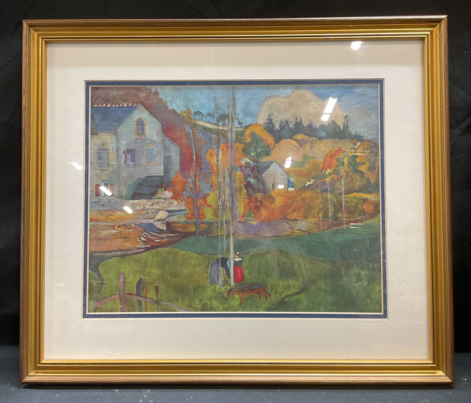 Framed Gauguin Brittany Landscape Print: Framed and matted fine art reproduction print. Paul Gauguin, Brittany Landscape - The David Mill. Gilt wood frame, not examined out of frame. Frame measures approx 15 x 17.5 inches. Some wear consiste