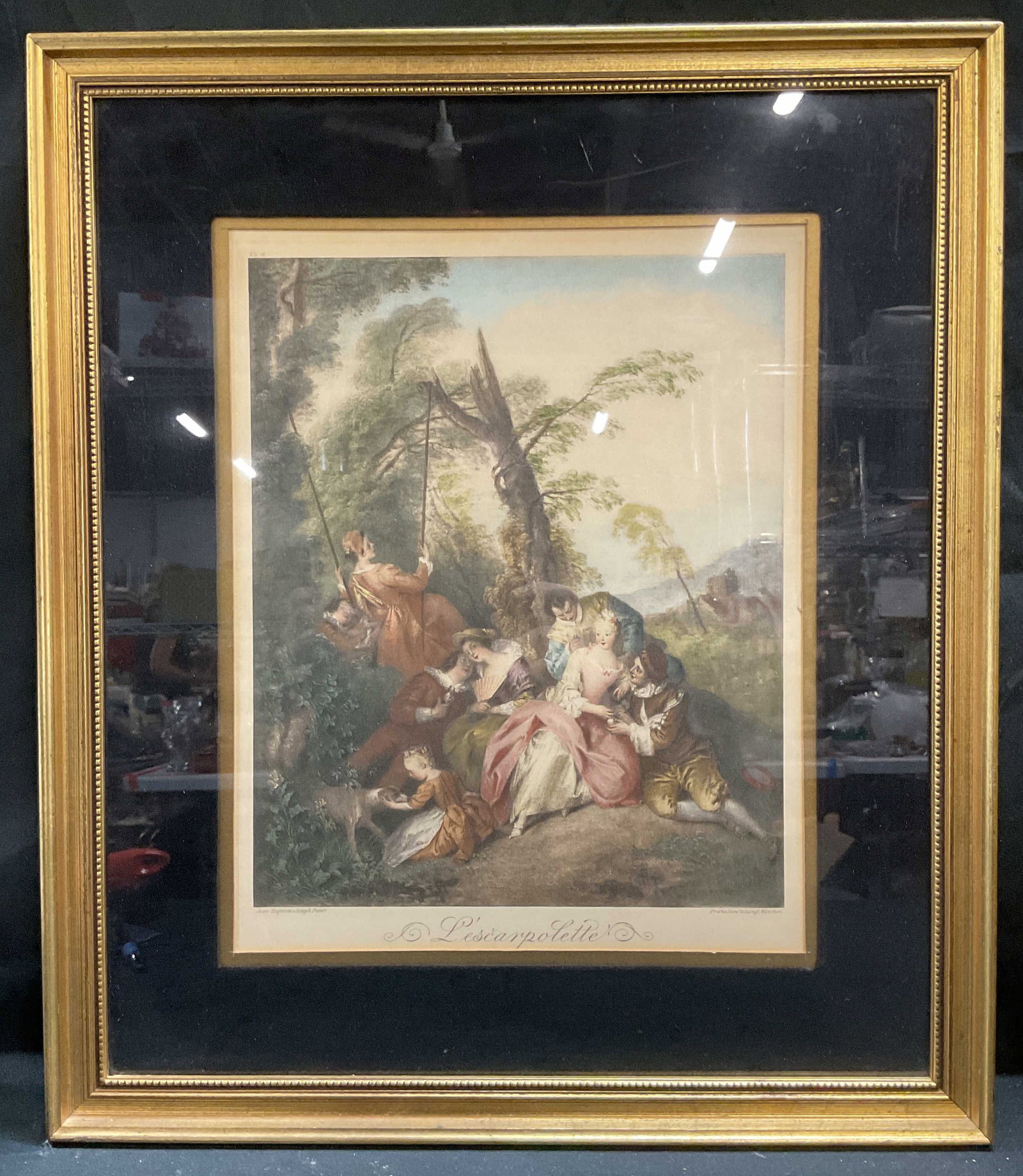 Framed Antique Pater The Swing Engraving: Framed and matted antique fine art reproduction aquatint engraving by Franz Hanfstaengel. L Escarpolette (The Swing) by Jean Baptiste Joseph Pater. Group and figures with landscape and swing. Gilt woo