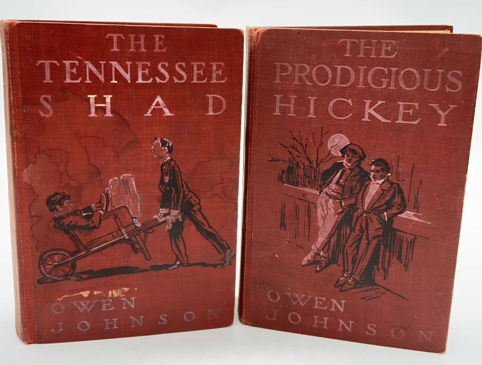 2 Antique Owen Johnson Illustrated Novels 1910+: 2 Antique Owen Johnson Illustrated Novels 1910+ 2 antique hardcover novels including, The Tennessee Shad by Owen Johnson & The Prodigious Hickey by Owen Johnson. Books have illustrations of men on the