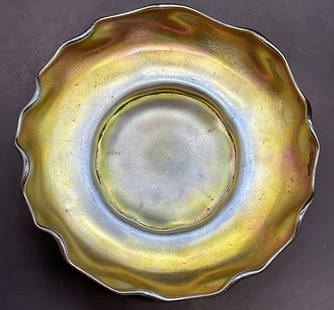 TIFFANY LCT FAVRILE Sign Art Glass Scalloped Bowl: Tiffany Favrile Iridescent Art Glass Scalloped Shallow Bowl / Trinket Dish. Designed by Louis Comfort Tiffany for Tiffany Studios. Signed LCT FAVRILE on the underside. Pontil to the underside. Measure
