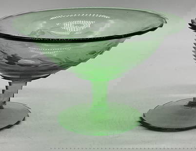 Vintage Green Depression Glass Footed Bowl: Vintage green depression glass footed bowl with fluted rim and etched floral design. Measures approx 6 x 4 inches. Some scratching observed. Depression glass bowl, green bowl, footed bowl, glass bowl,