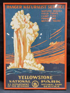 Framed Yellowstone National Park Poster: Framed lithograph poster. Yellowstone National Park. Ranger Naturalist Service. US Department Of The Interior. National Park Service. Graphic style view of Old Faithful geyser in orange and blue. Prin