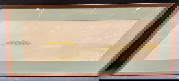 Sgnd M Sherman Landscape Watercolor Painting 1971: Framed and matted watercolor painting. Signed M Sherman at lower right, dated 1971. Abstract landscape composition. Wood frame, not examined out of frame. Frame measures approx 11.5 x 26 inches. Some