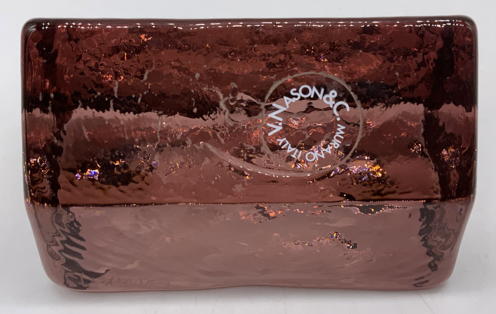 V. ASON & C. MURANO Pink Glass Paperweight ITALY: V. ASON & C. MURANO Pink Glass Paperweight Pink paperweight with a distinctive shape. Visible signature & markings. Surface wear consistent to age, use & exposure. Measurements: length 3.5in x width 2