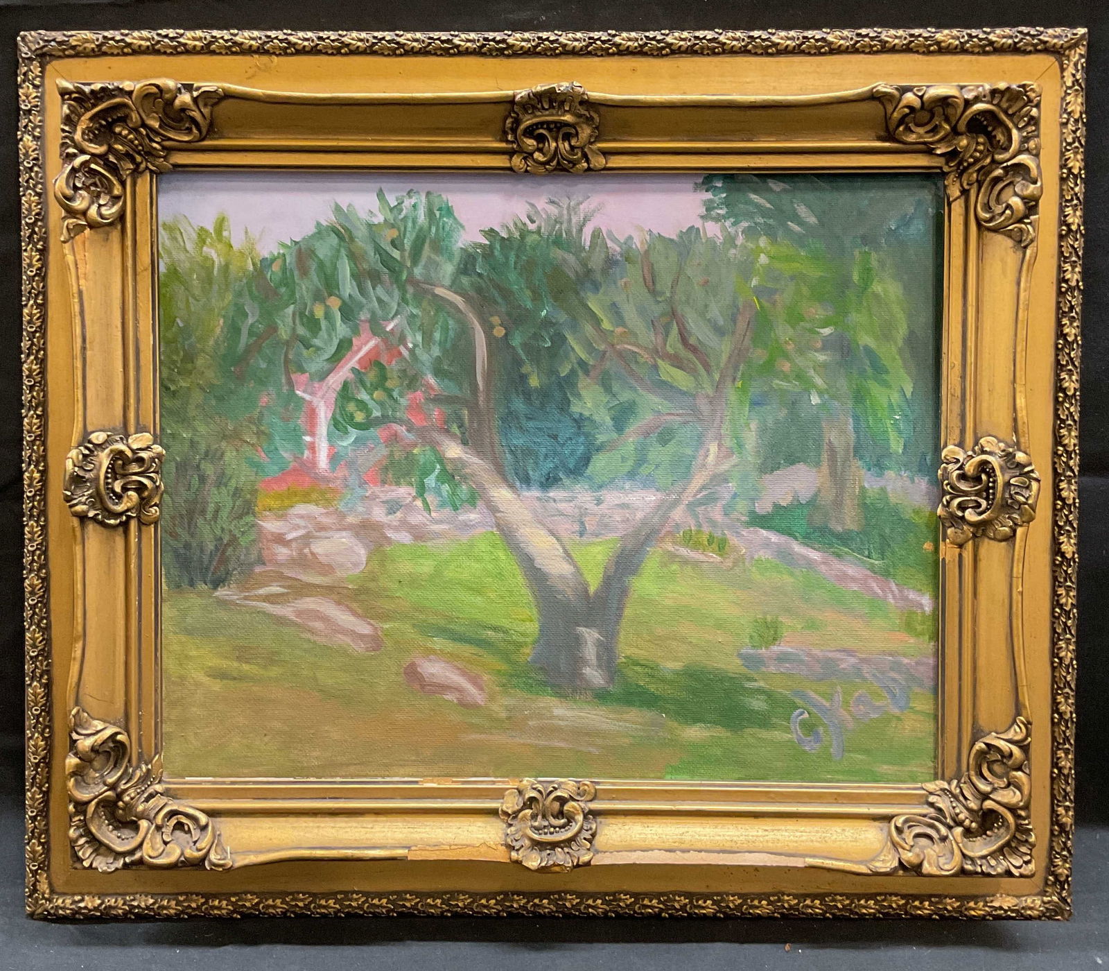 Framed Signed Landscape with Tree Oil Painting (1 of 6)