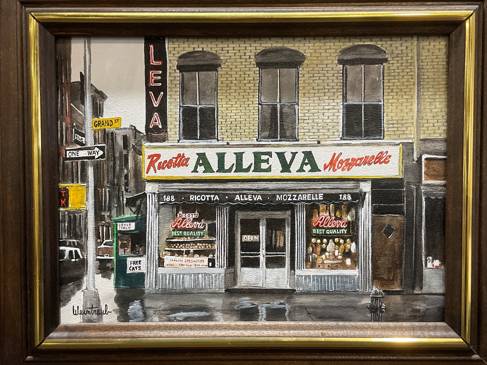 Herbert Weintraub Alleva Dairy Little Italy Print: Framed print on canvas. Artwork by Herbert Weintraub. Street scene with view of Alleva Dairy in Little Italy neighborhood of Manhattan. Artist name in print at lower left. Appears to be a serigraph of