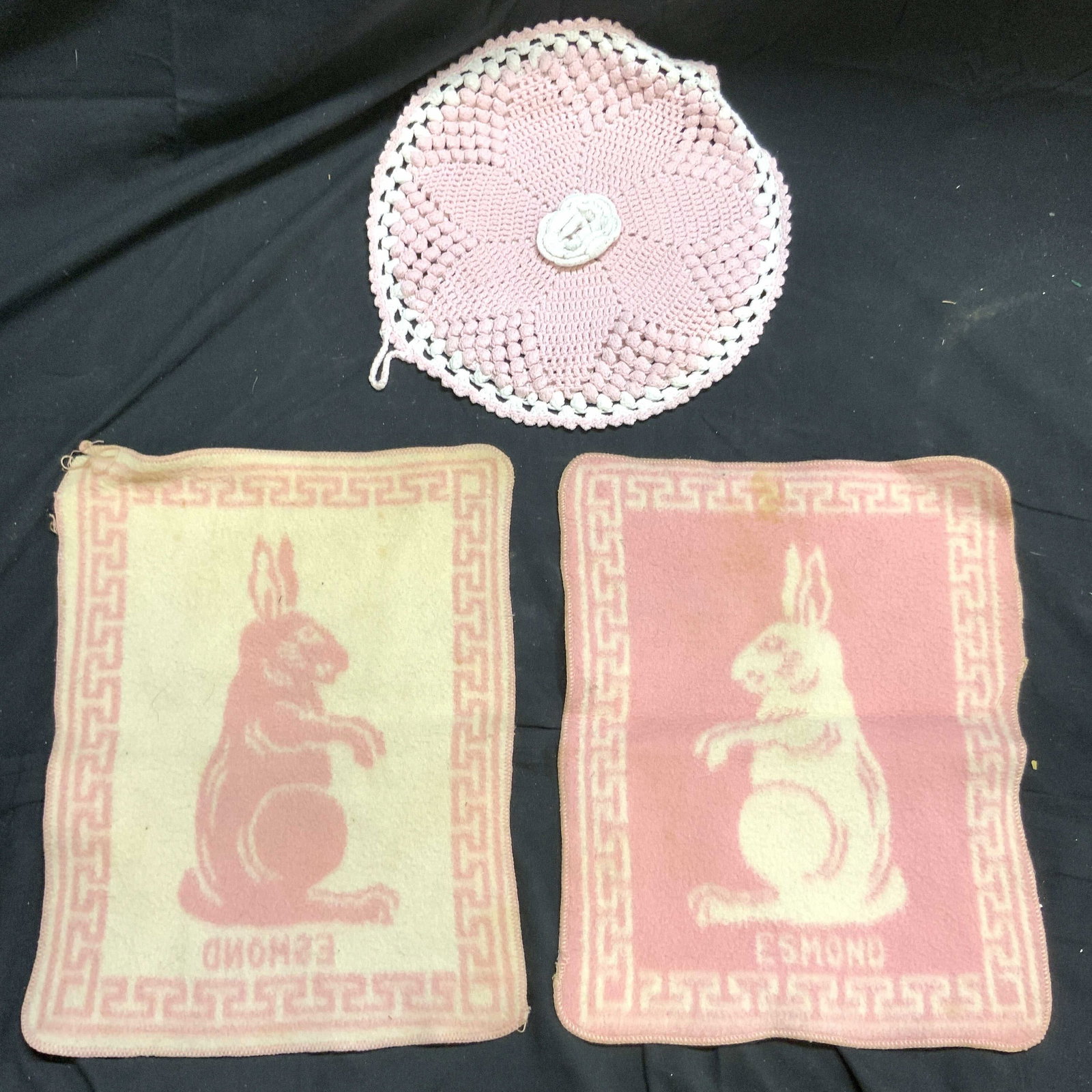 Reversible Bunny Baby Blankets Crochet Pot Holder: Lot includes 2 baby blankets, & 1 crochet pot holder. Each piece appears to be vintage. Bunny blankets are reversible. Each measures approximately 13 inches long 10 inches wide. Pot holder, crochet po